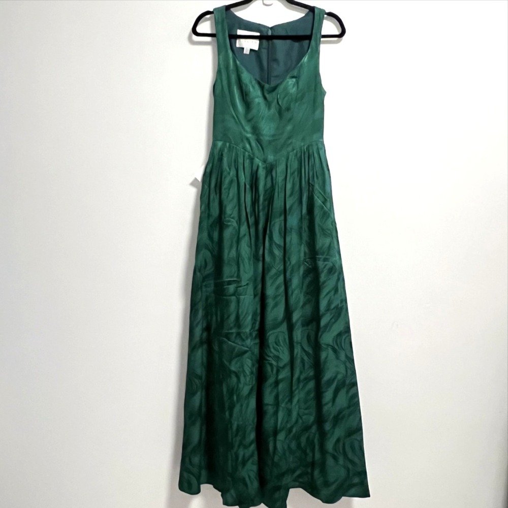 Azazie Atelier Dress Womens Size 2 Green Satin V Neck Lined Fit & Flare Maxi NEW